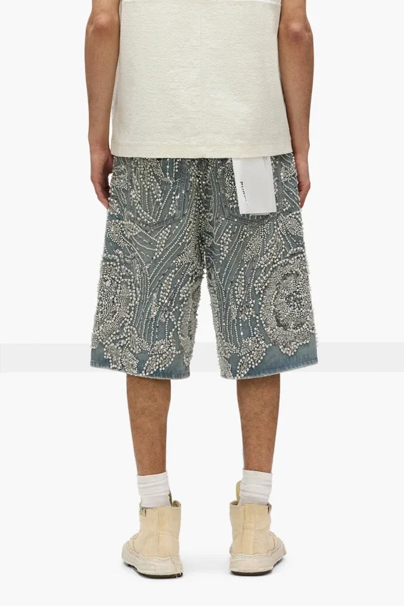 P070 Handperlbestickte & mit Kristallen verzierte Shorts